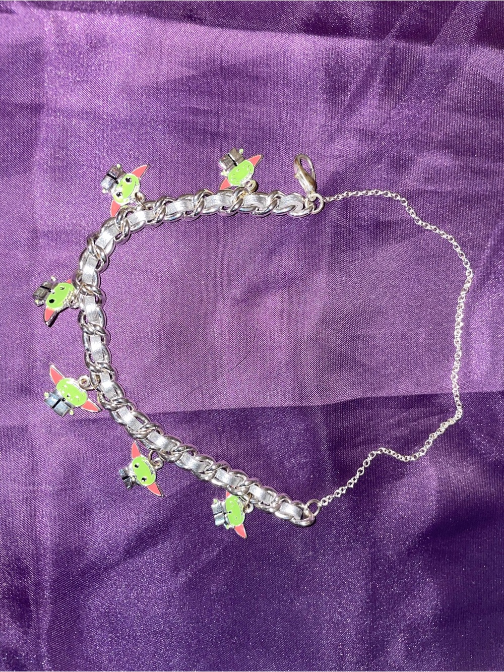 Disney Silver-tone Bracelet with Green and Pink Baby Yoda Charms